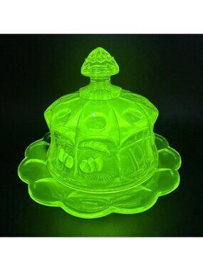 Mosser Glass Vaseline Cherry And Cable Pattern Covered Round Butter Dish UV Glow